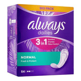 Always Dailies 3-In-1 Comfort Dryness Odour Control Panty Liners, Normal, 54-Pack
