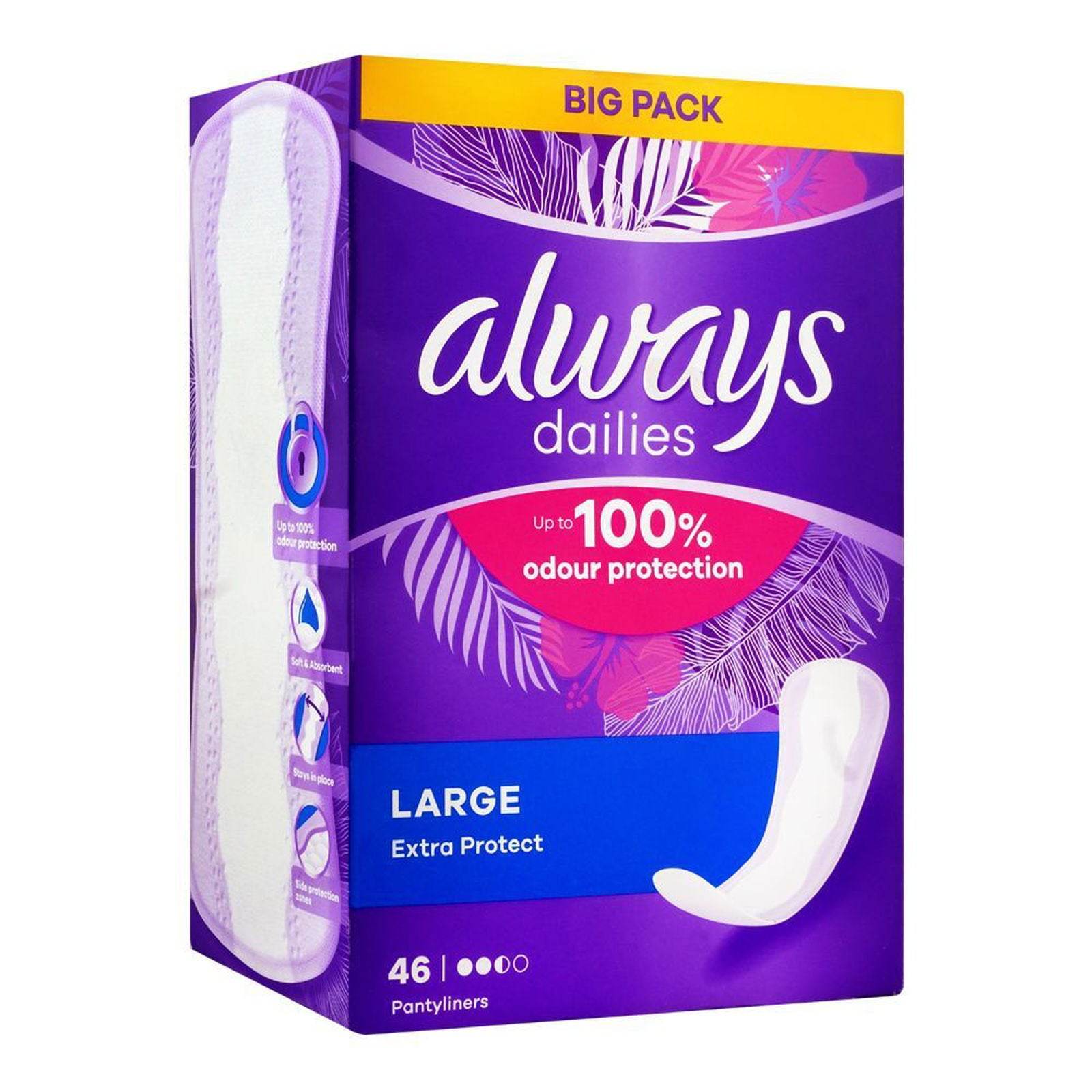 Always Dailies Up-To 100% Odour Protection Panty Liners, Large, 46-Pack