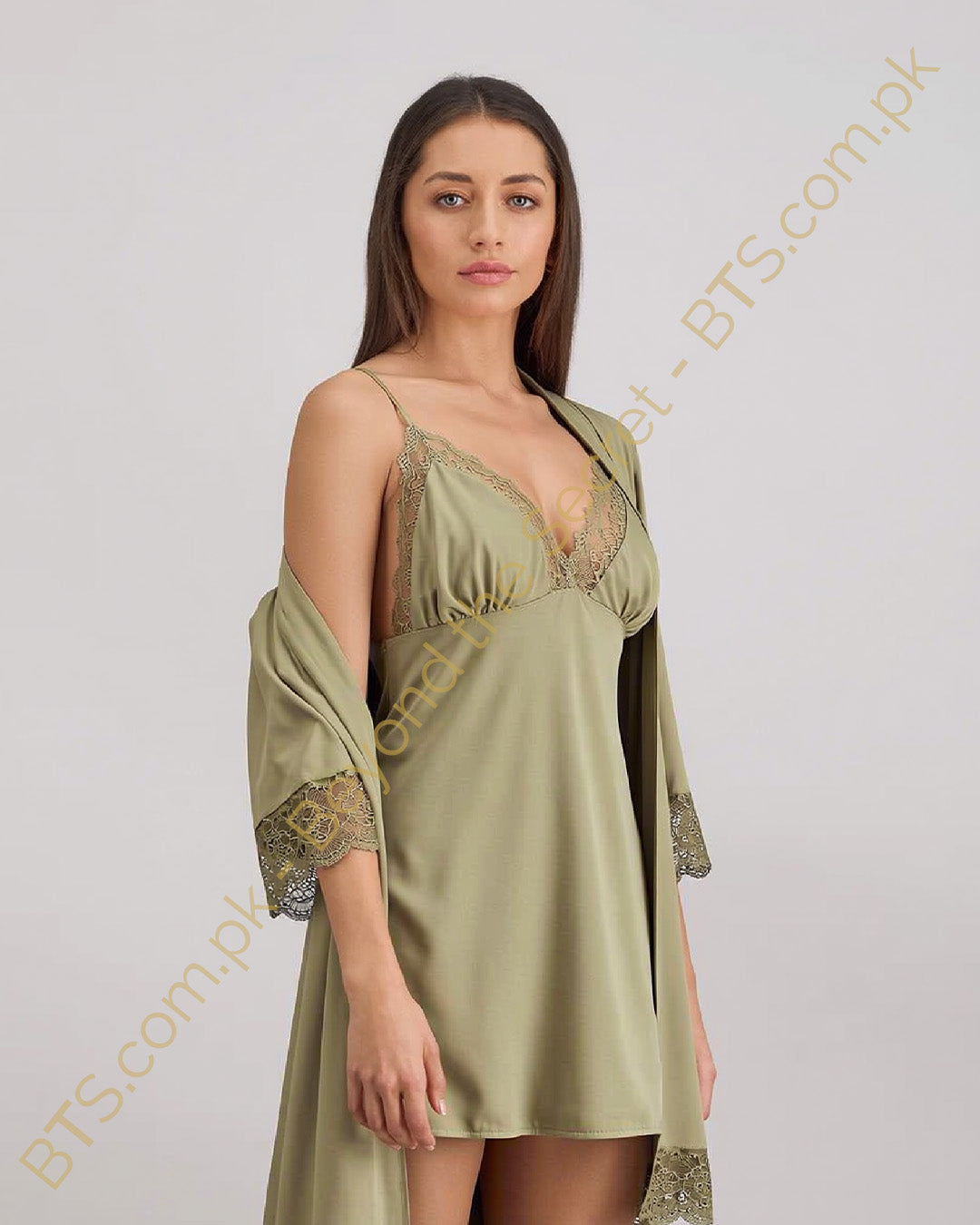 Minuet 009 – Sage Satin Lace Robe & Cami Set
