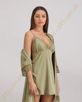 Minuet 009 – Sage Satin Lace Robe & Cami Set