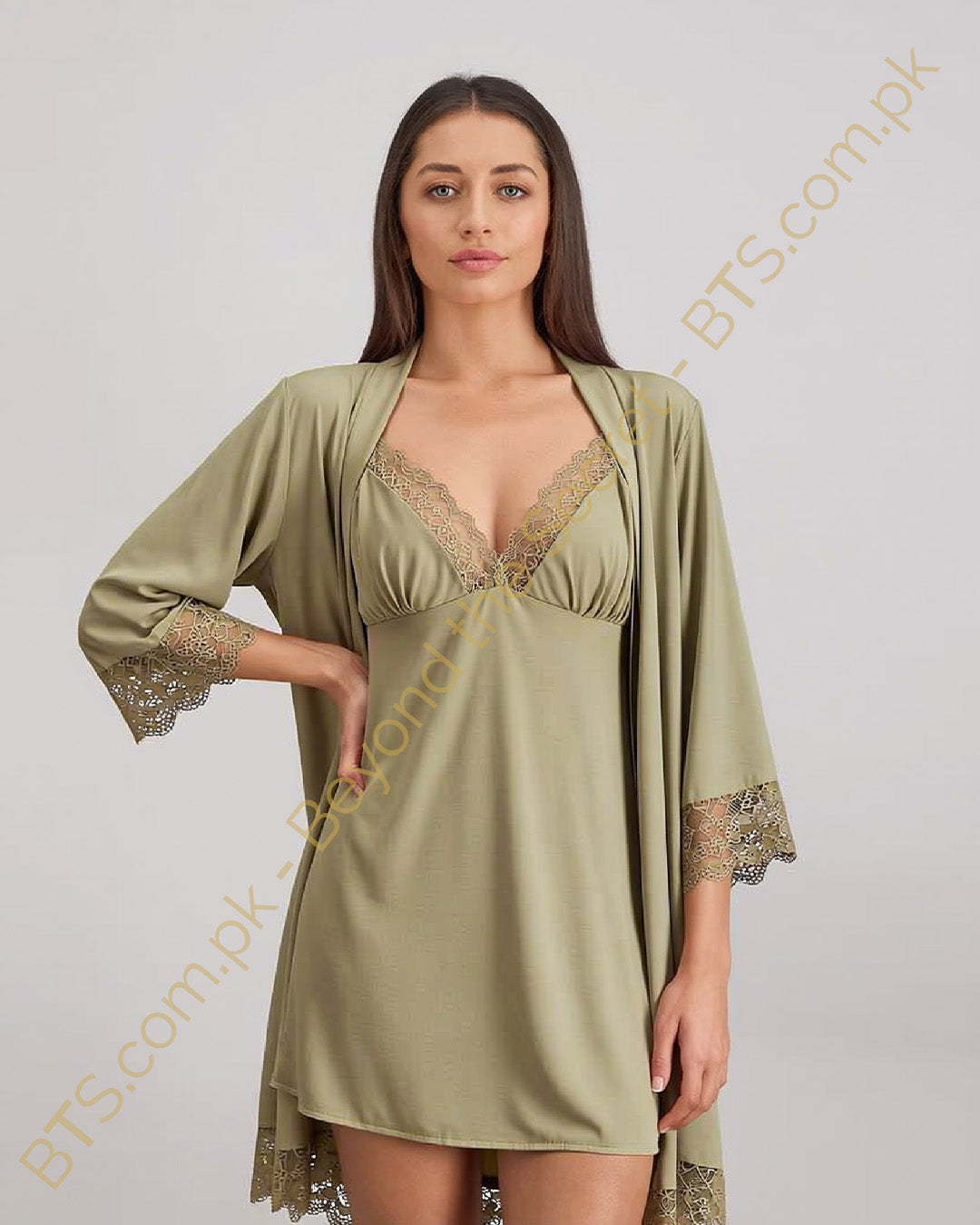 Minuet 009 – Sage Satin Lace Robe & Cami Set