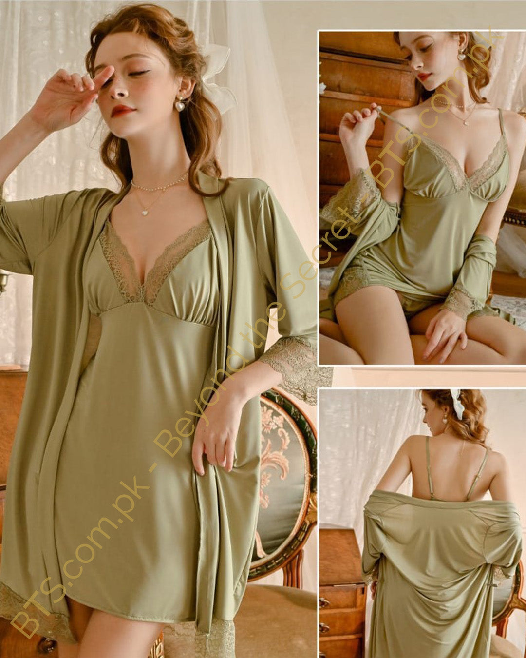 Minuet 009 – Sage Satin Lace Robe & Cami Set