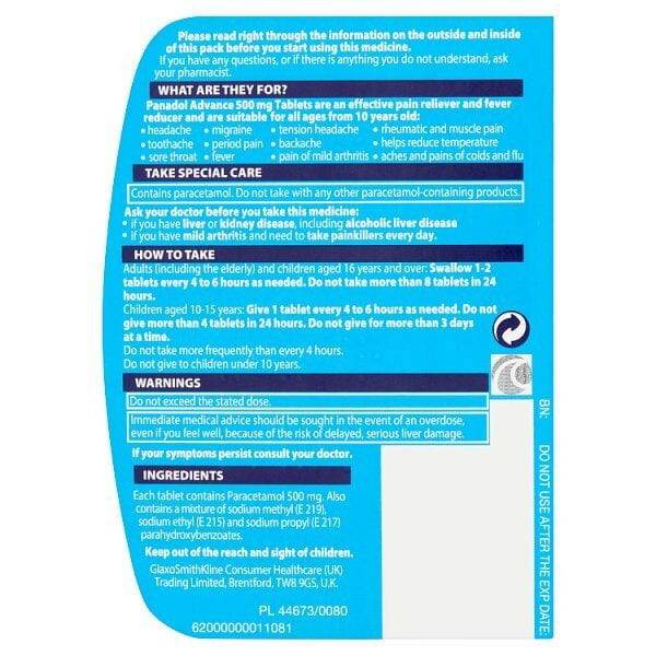 Panadol Paracetamol Tablets Pain Relief 500mg Advance 16s